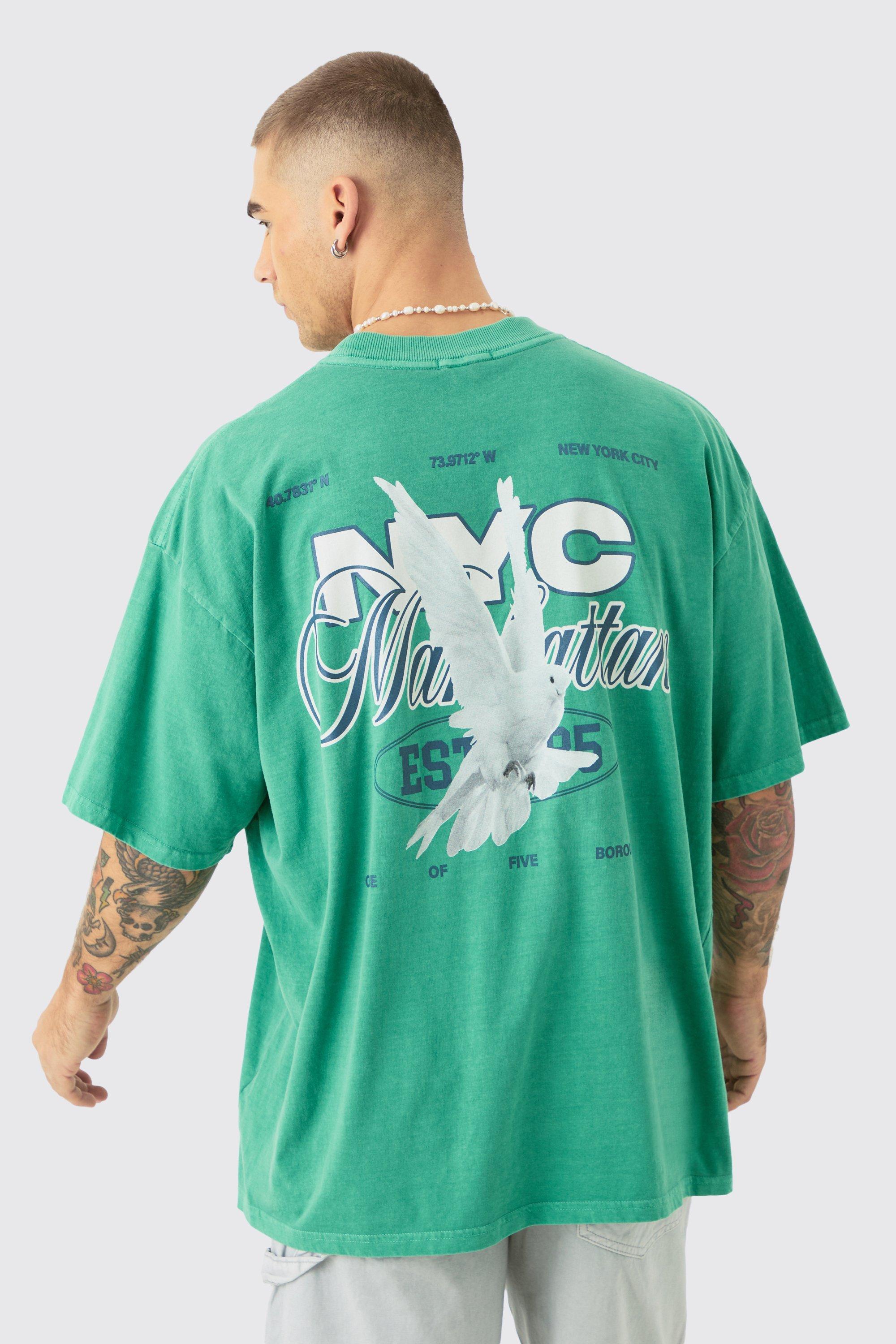 Mens Green Oversized Extended Neck NYC Dove Back Print T-shirt, Green